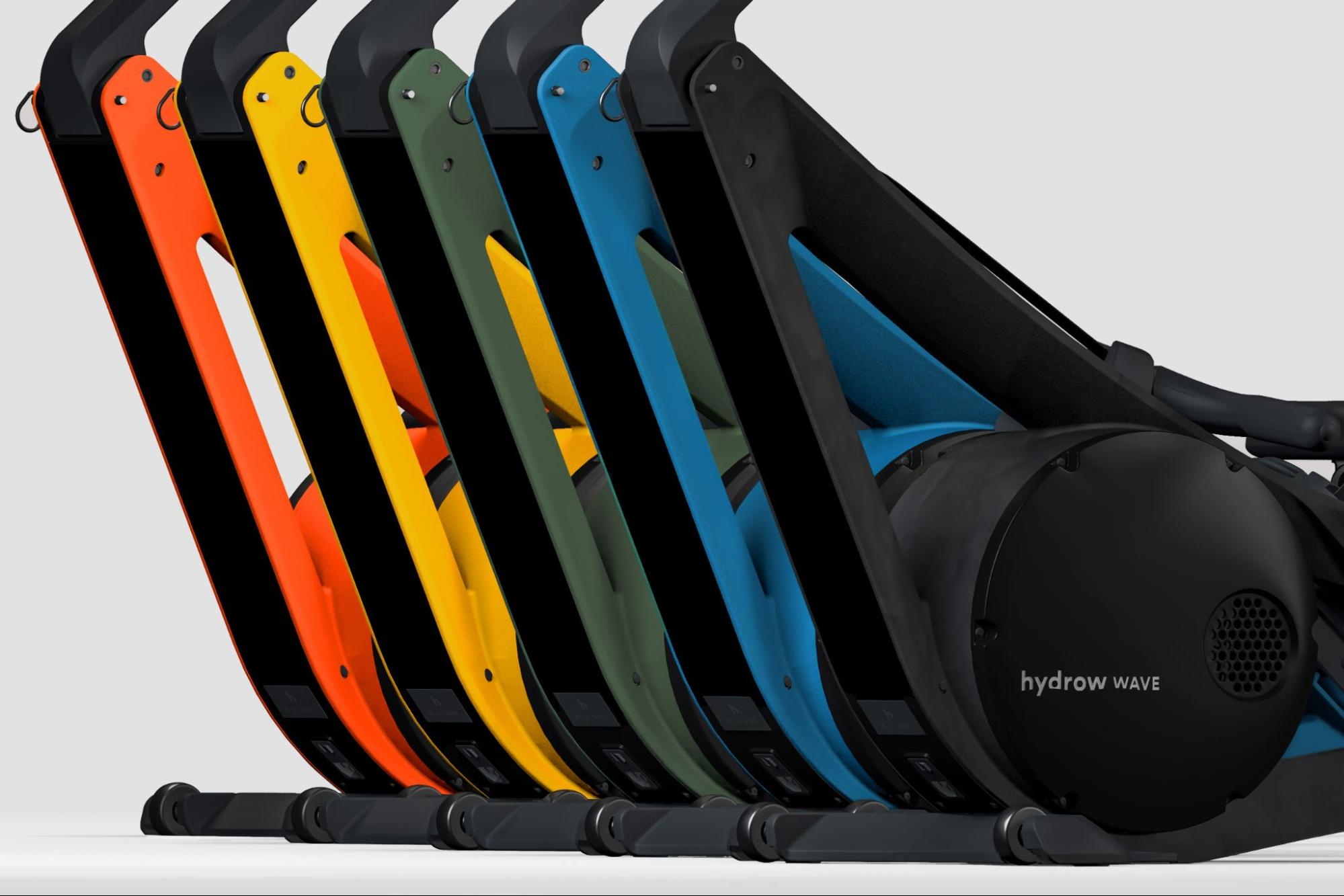 Hydrow Wave rowing machines in a variety of vibrant colors.