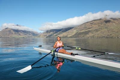 Hydrow Athlete Aisyah does a rowing workout in New Zealand.