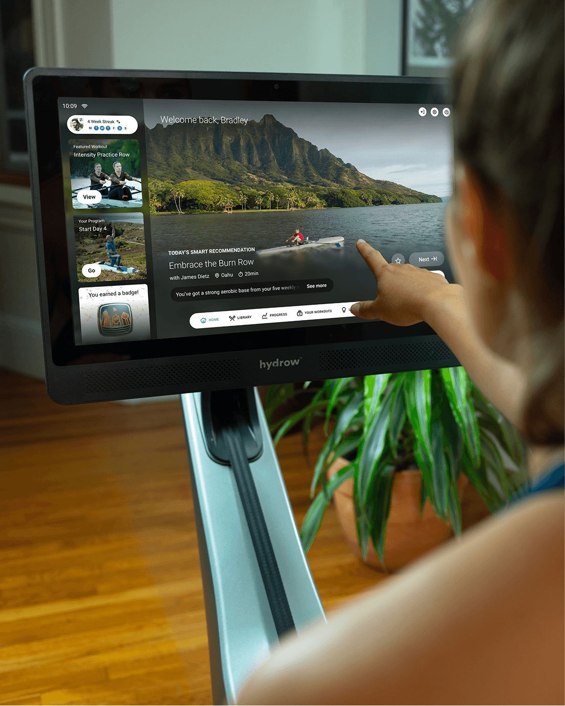 Smart recommendations shown on a user's hydrow monitor