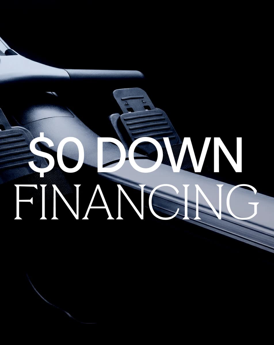 Close-up of a Hydrow rower with $0 Down Financing text overlay