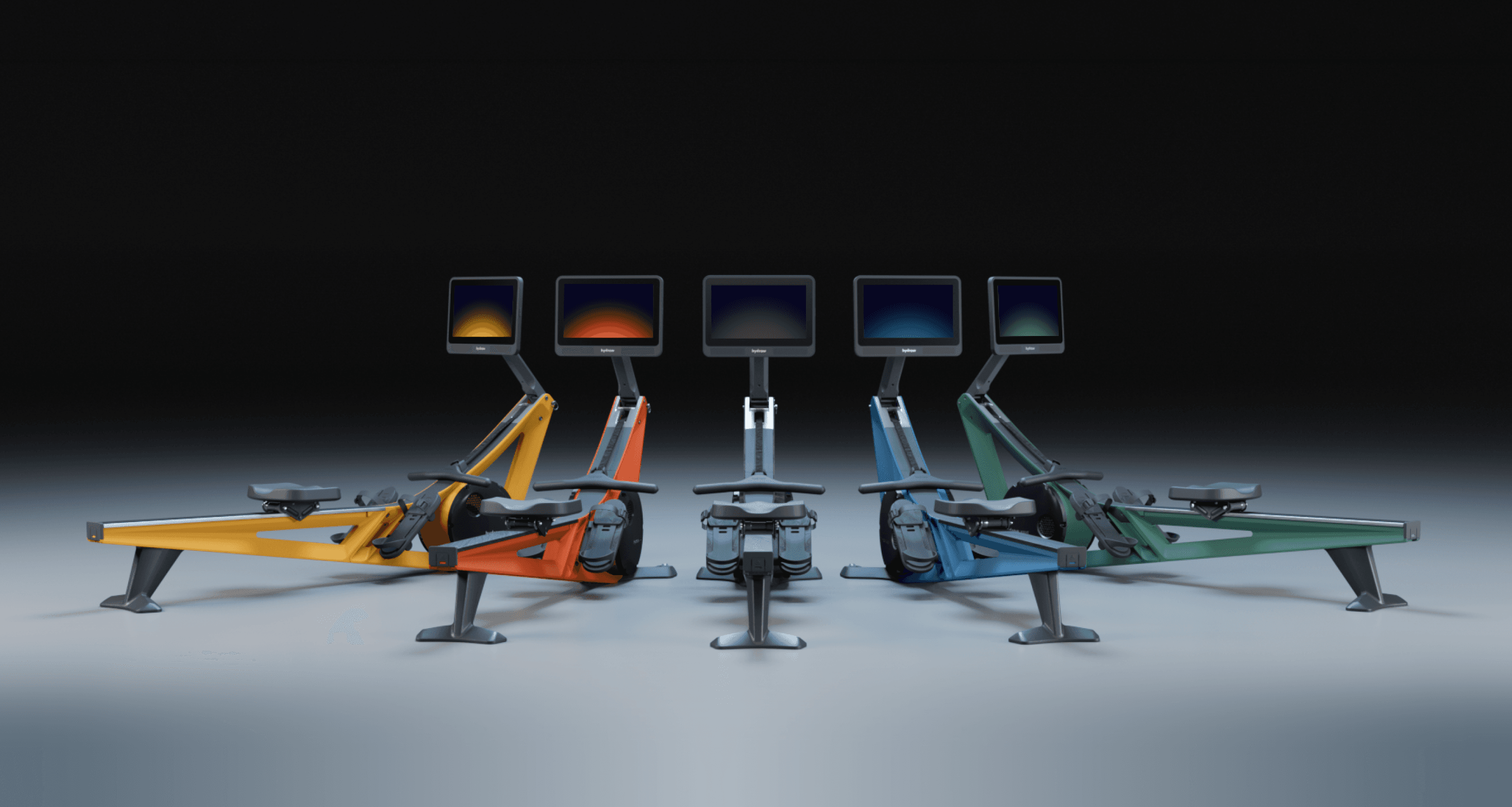The Hydrow rower lineup shown in five colors