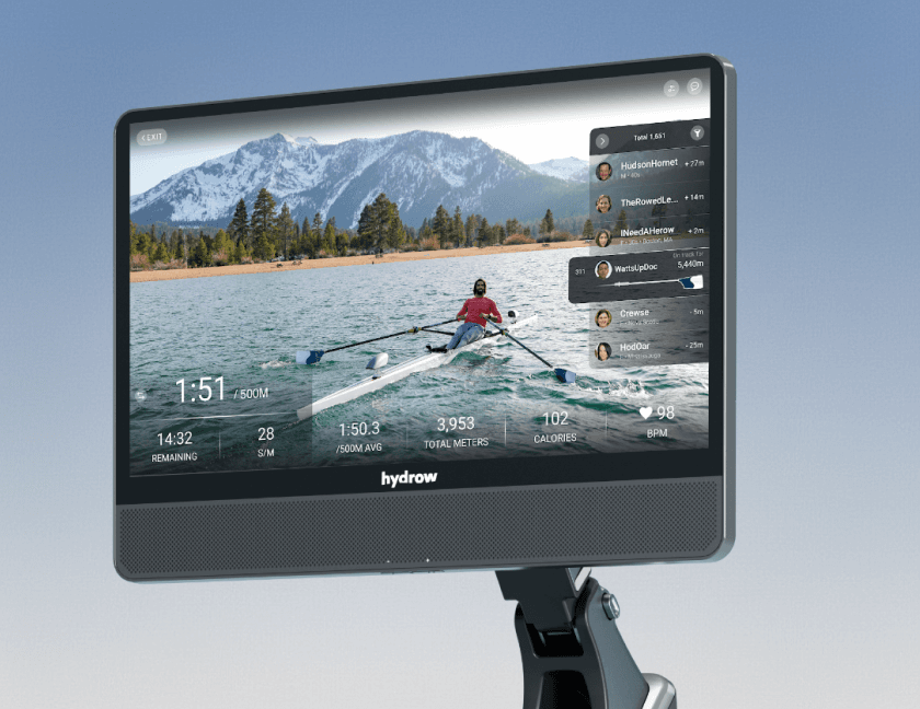 Hydrow Rower monitor showing a rowing workout in progress