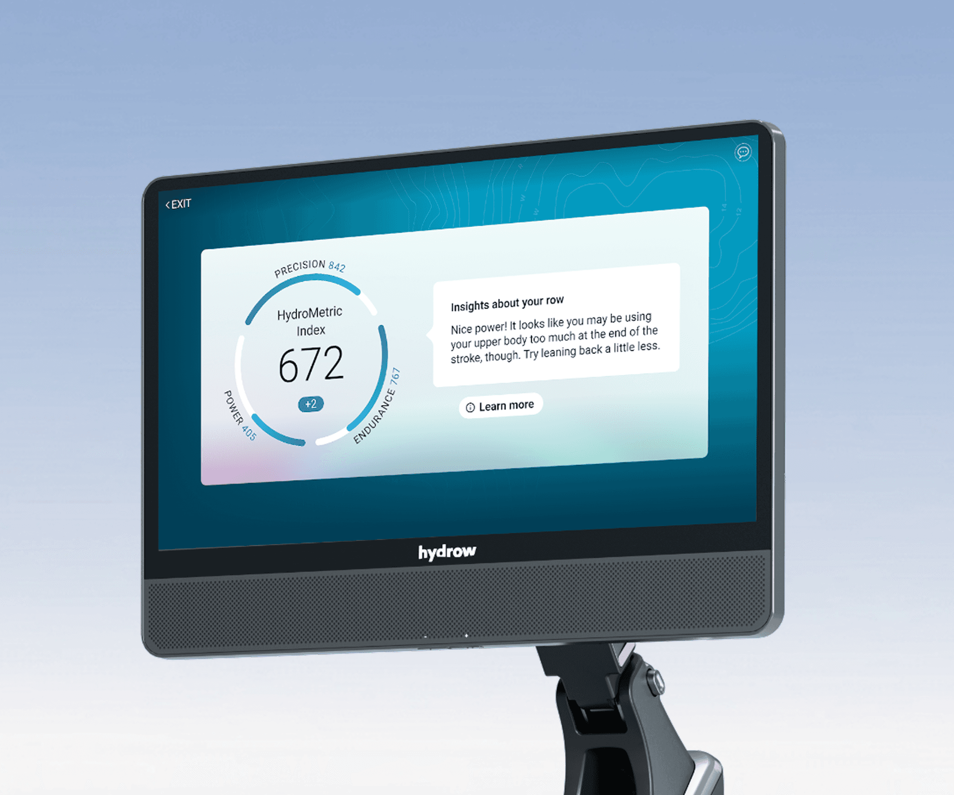 Hydrow monitor displaying workout insights, including a HydroMetric Index score of 672 and feedback on rowing technique.