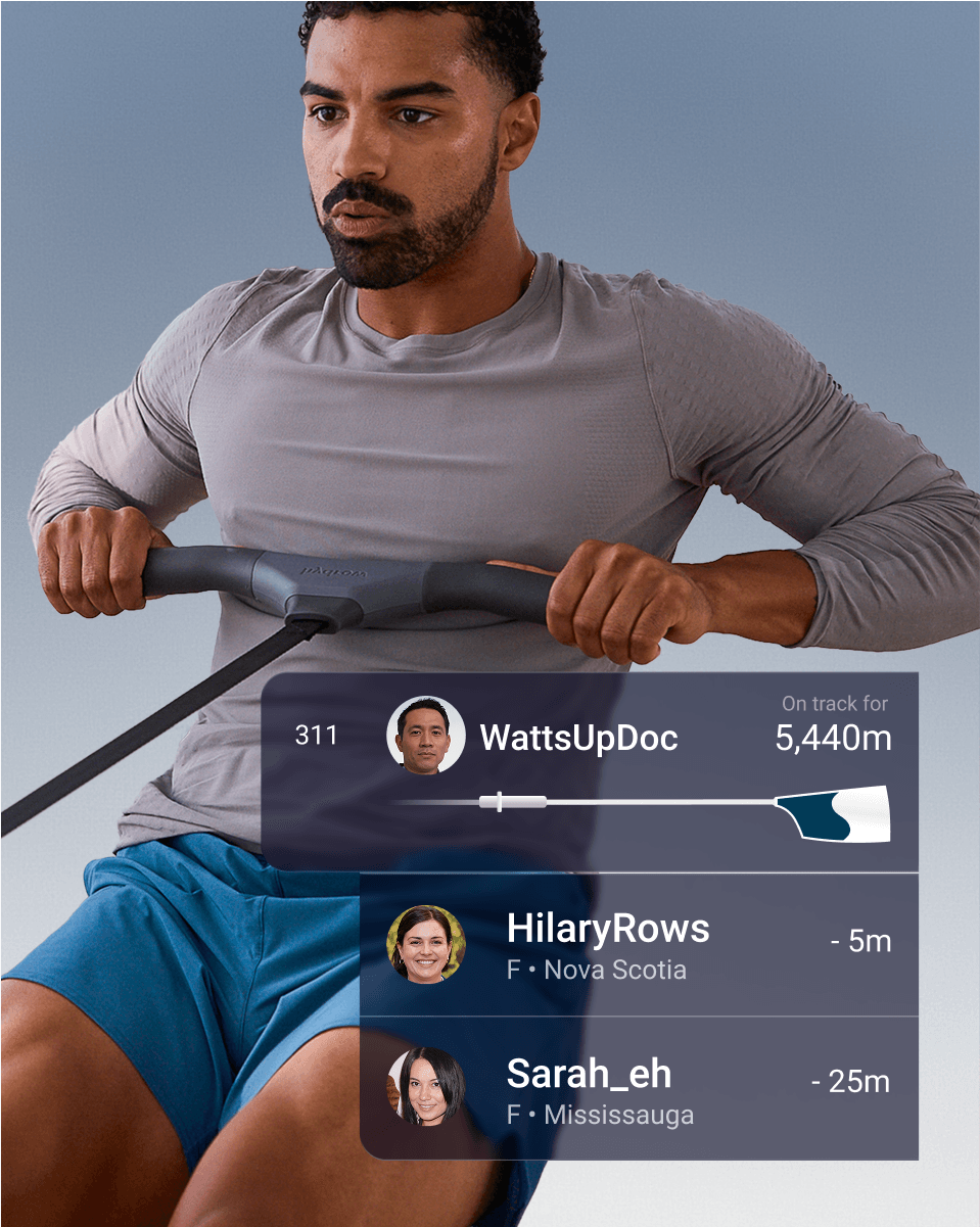 A Hydrow member rowing beside a community leaderboard of other members’ distances