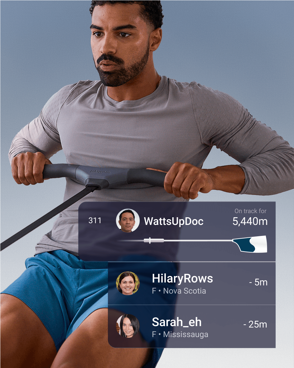 A person mid-stroke rowing on a Hydrow Arc