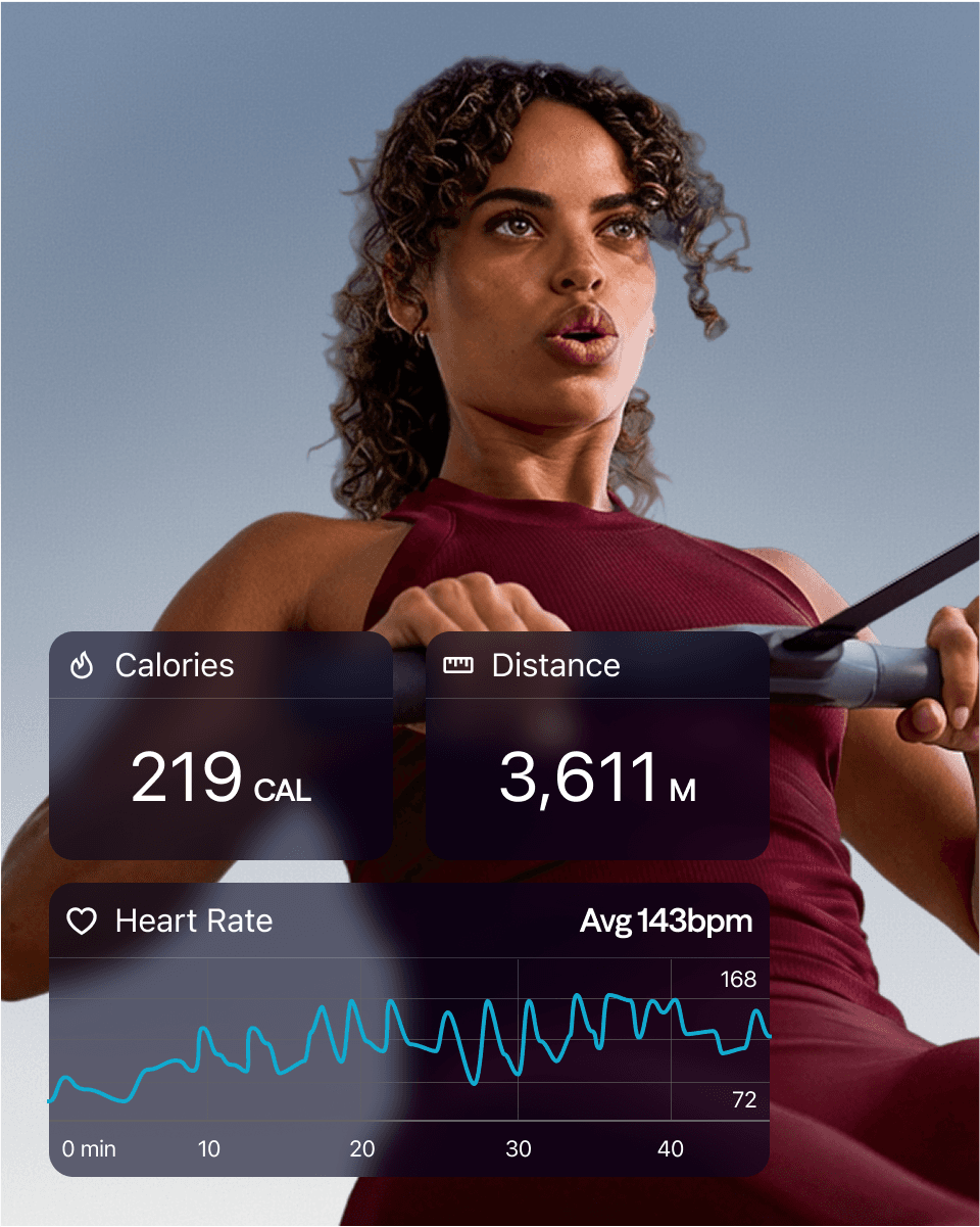 A Hydrow member mid-row with live calorie, distance, and heart rate stats overlaid