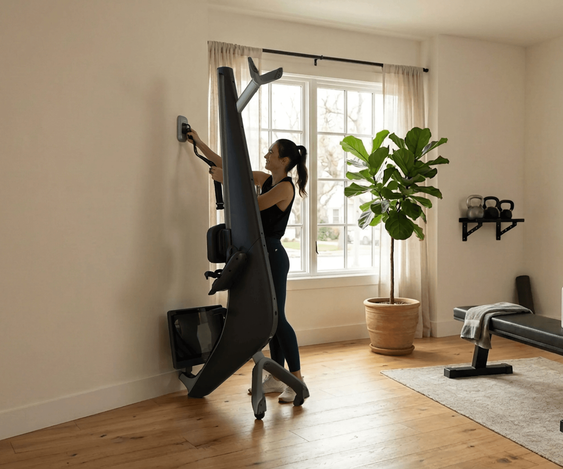 A woman storing a Hydrow Origin rower vertically against a wall, highlighting its space-saving design.