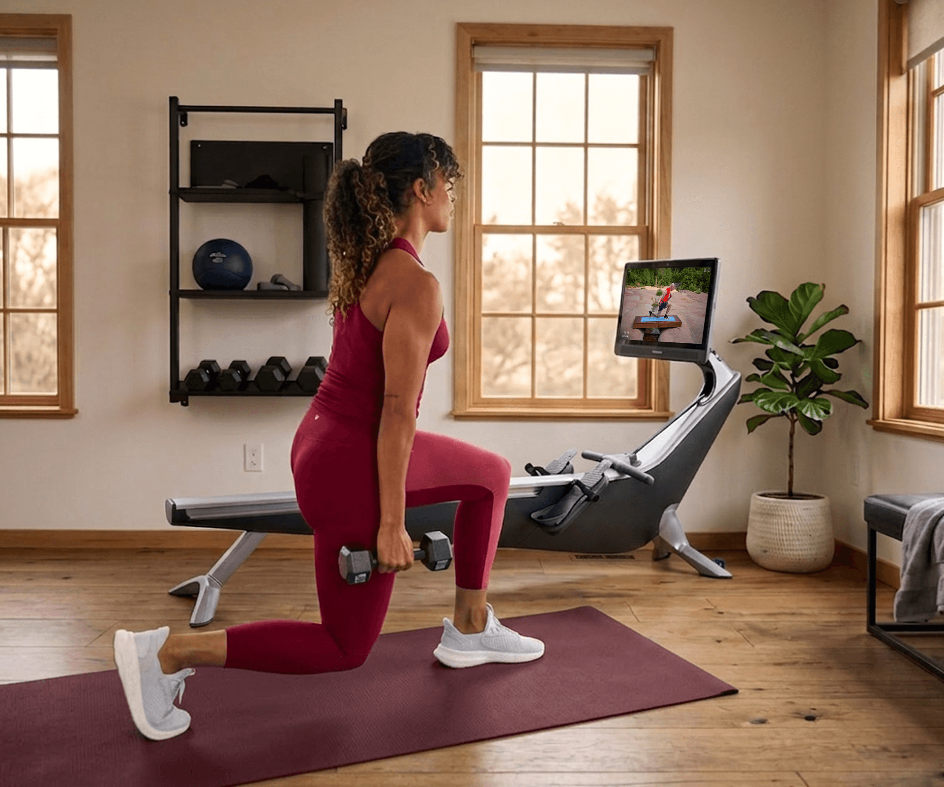 Woman doing dumbbell lunges on a mat, beside a Hydrow Origin rower displaying an outdoor strength workout.