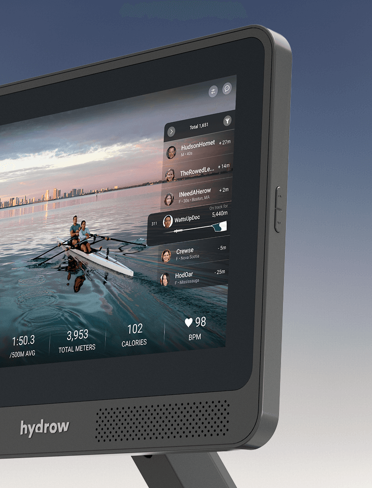 Hydrow monitor displaying a live leaderboard during an on-water rowing workout