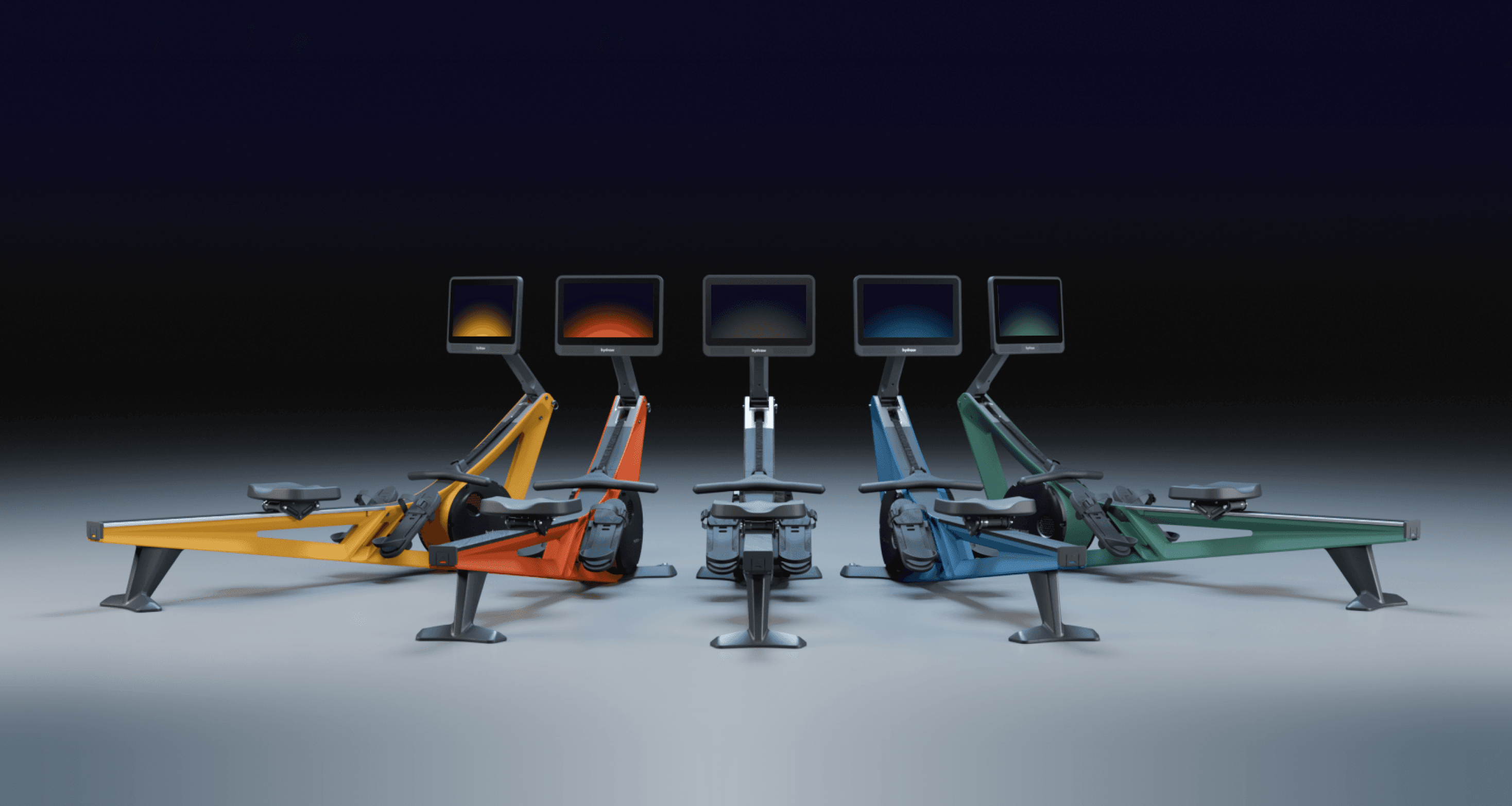 The Hydrow rower lineup shown in five colors